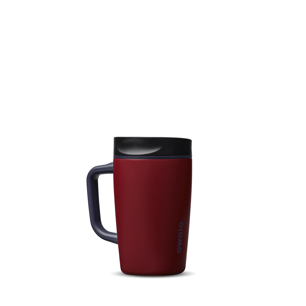 SmoothSip Slider with Handle 12oz in Burgundy Bay, deep burgundy red insulated mug with black slider lid and dark navy handle