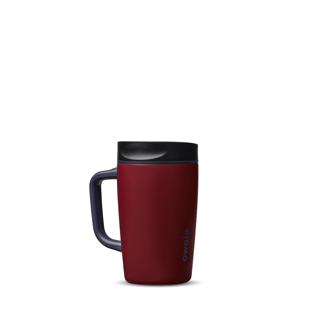 SmoothSip Slider with Handle 12oz in Burgundy Bay, deep burgundy red insulated mug with black slider lid and dark navy handle