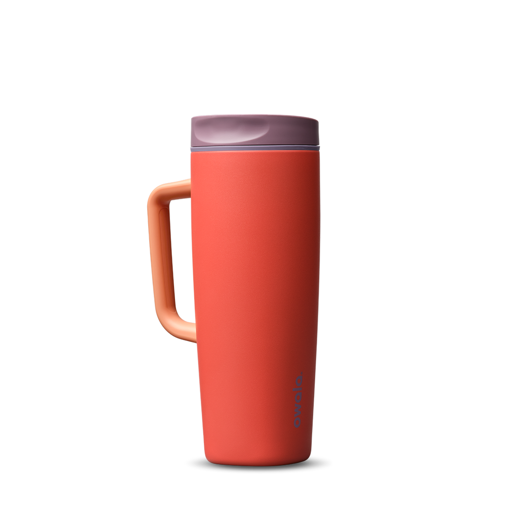 SmoothSip Slider with Handle 24oz in Terracotta Sunset, warm coral-orange body with dusty mauve slider lid and peach handle