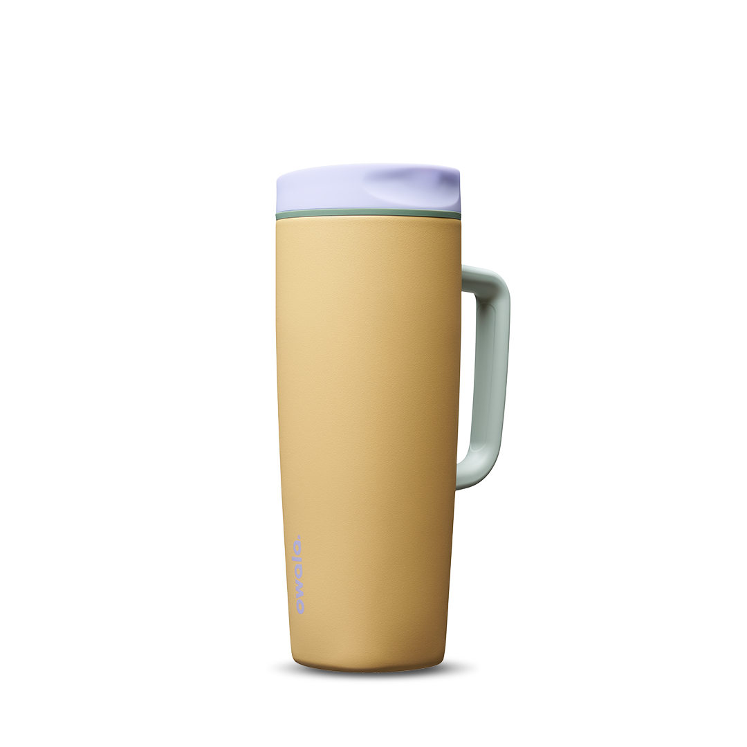 SmoothSip Slider with Handle 24oz in Beachfront, golden yellow insulated mug with lavender slider lid, mint green handle, and lavender slider button
