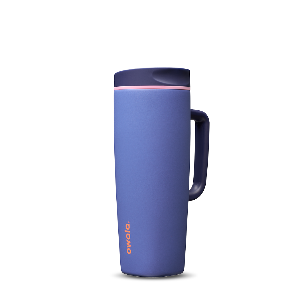SmoothSip Slider with Handle 24oz in Blue Jay, periwinkle blue body with navy slider lid, navy handle, and coral slider button