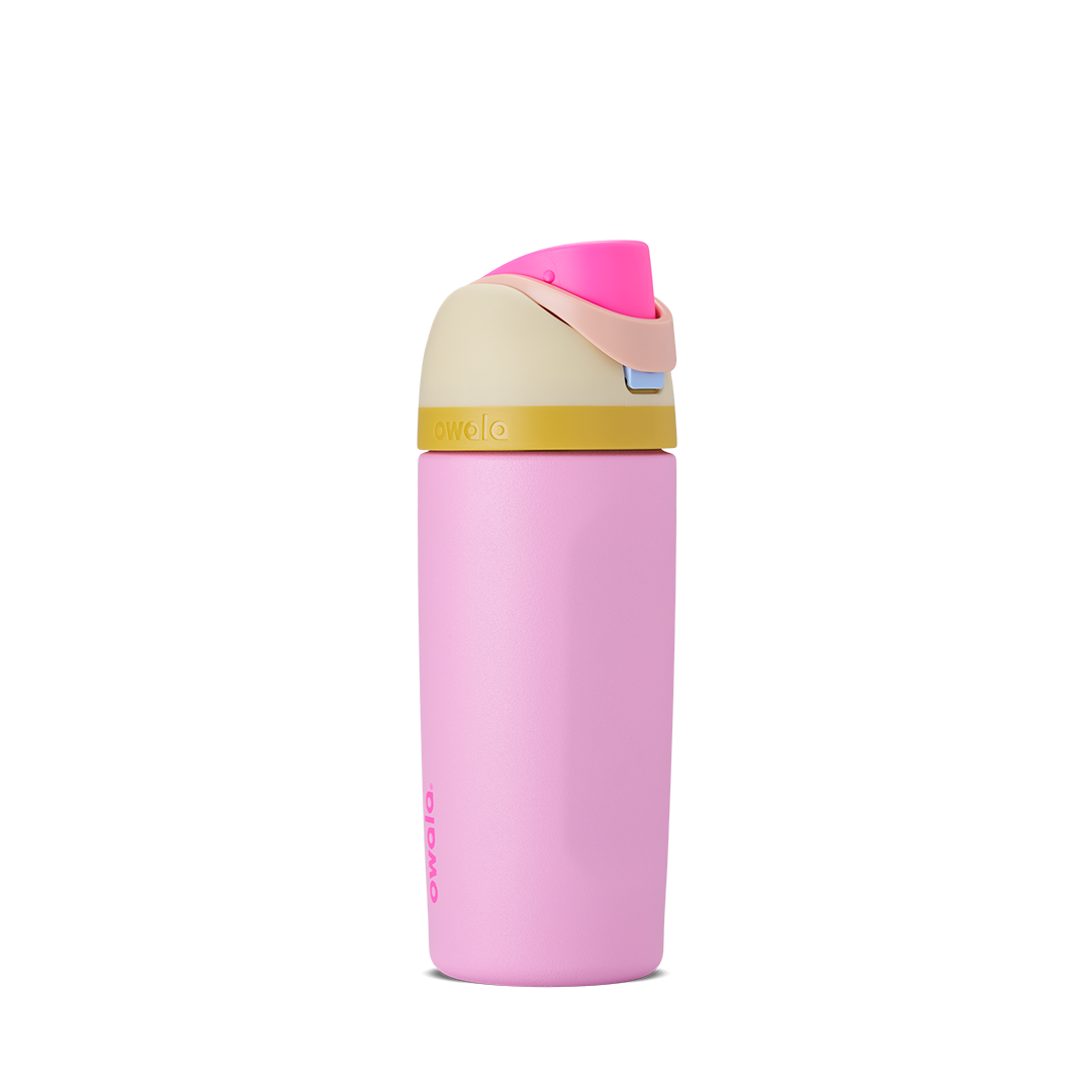 Kids FreeSip 16oz in Tutti Frutti, soft lavender-pink insulated bottle with yellow-gold accent band, pink flip cap, and carry loop
