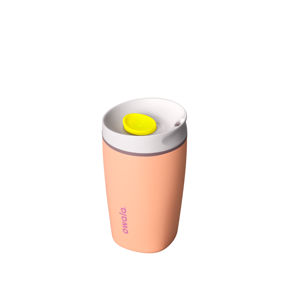 SmoothSip Slider 12oz, peach orange body with white lid and yellow slider button