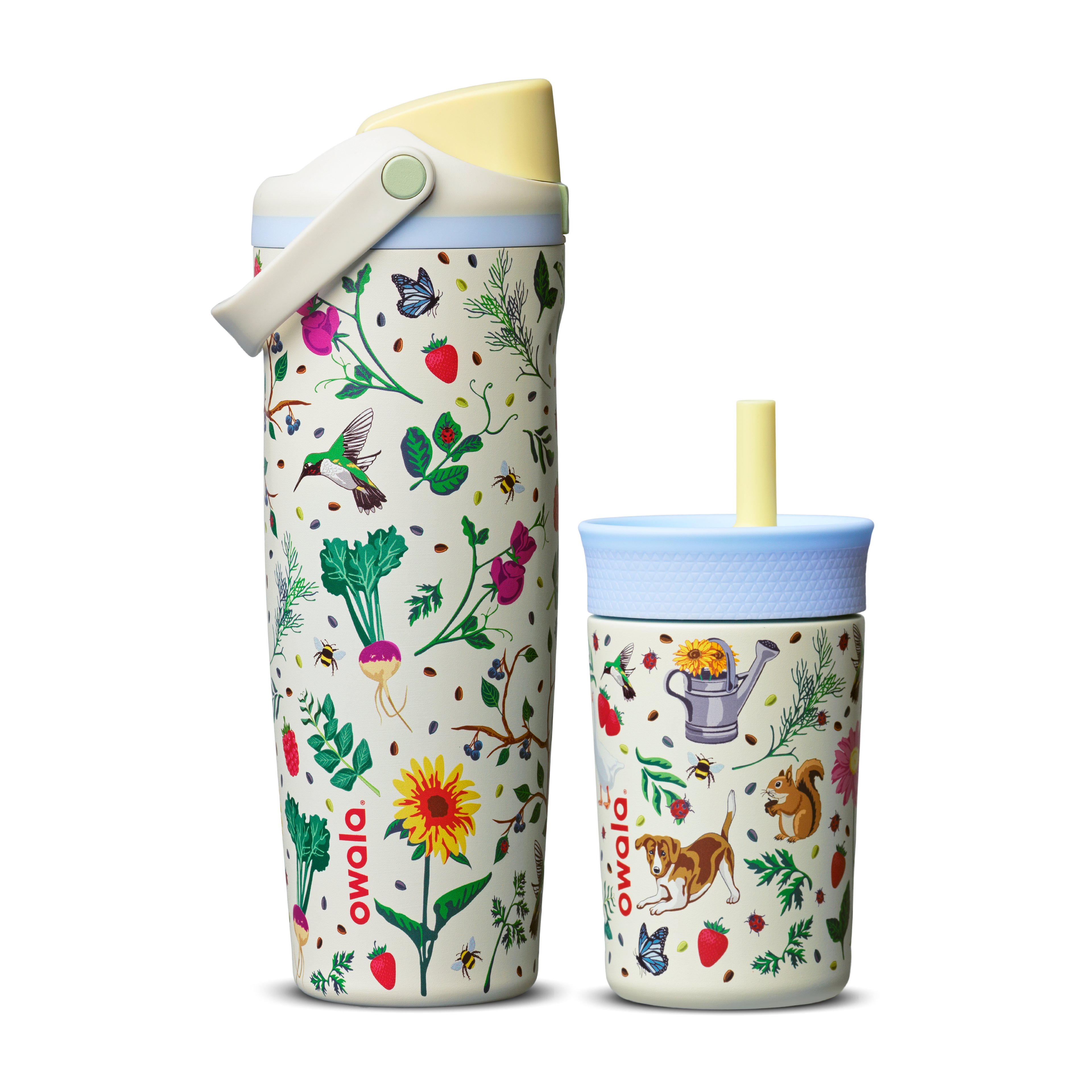 Owala Mother's Day Garden FreeSip Sway and Kids' Tumbler side by side; both in cream white with colorful garden print of flowers, strawberries, hummingbirds, bees, and a squirrel; FreeSip Sway has a yellow flip cap and light blue carry loop, Kids' Tumbler has a light blue lid and yellow straw