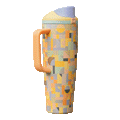 Animated mood board showing a FreeSip Tumbler 40oz in a multicolored geometric patchwork pattern of peach, mustard yellow, mint green, gray, and lavender shapes, with a peach orange side handle, light yellow lid, mint green lid accent ring, and lavender flip cap