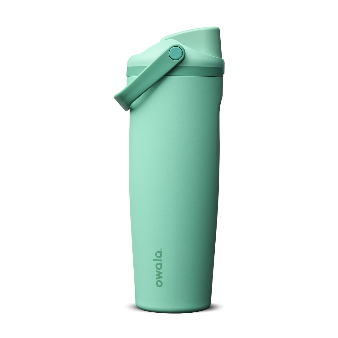 FreeSip Sway 30oz in 90s Kid, vibrant teal-mint insulated water bottle with matching teal flip cap and carry loop
