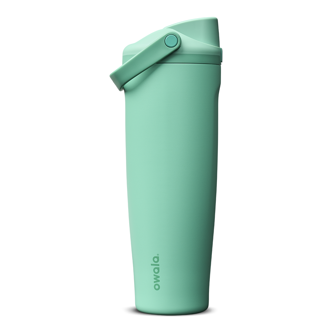 FreeSip Sway 40oz in 90s Kid, vibrant teal-mint insulated water bottle with matching teal flip cap and carry loop, lid open