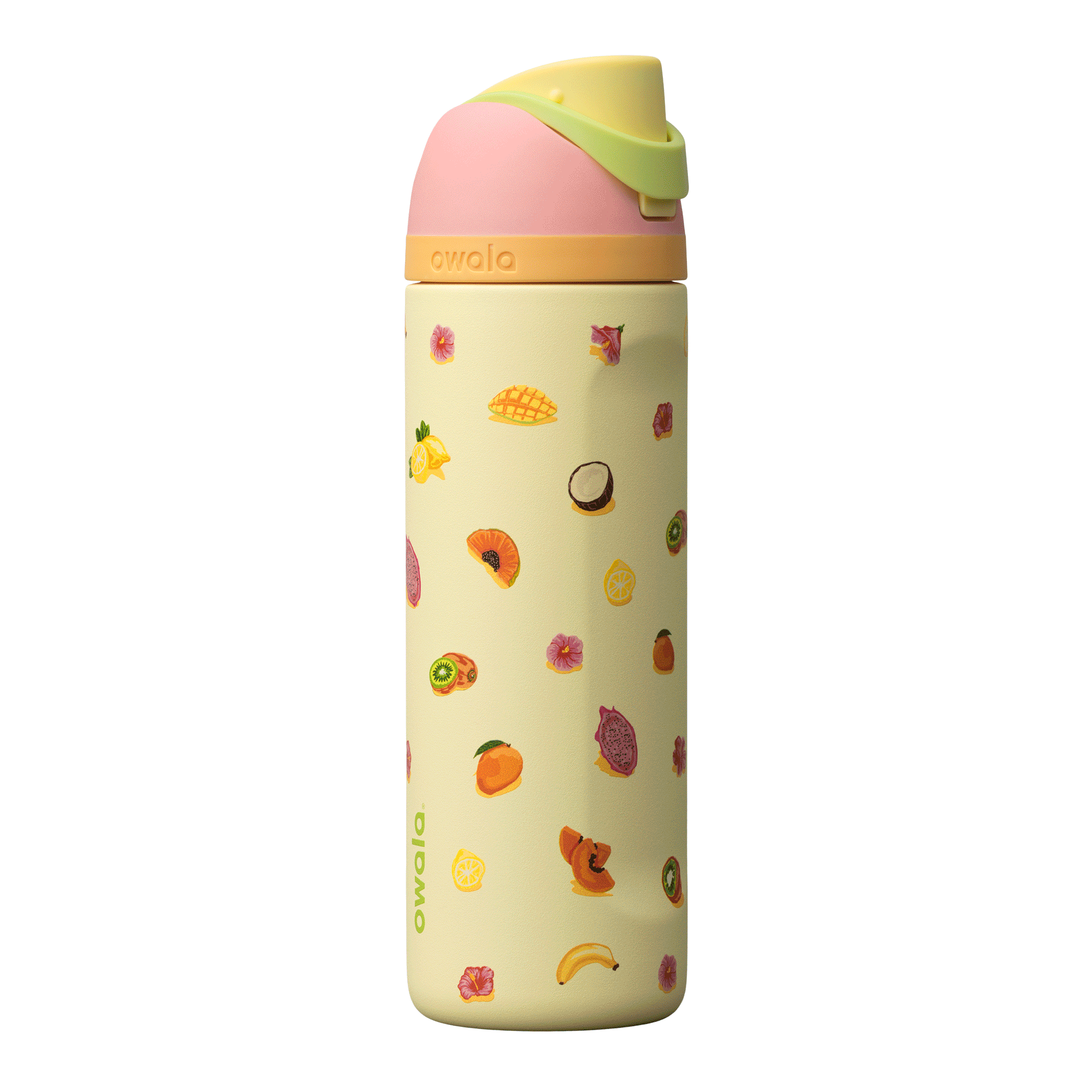 Owala Birthday Bash 24oz FreeSip Just Ripe; soft pale yellow body covered with colorful tropical fruit illustrations — mangoes, pineapples, and papayas — with a coral-pink flip cap