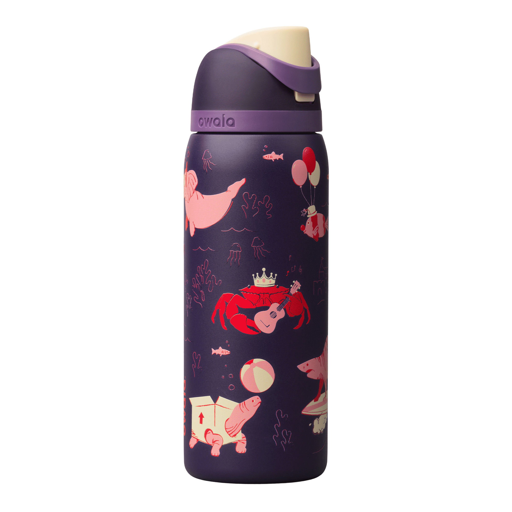 Owala Birthday Bash 24oz FreeSip Go Halvsies; deep purple-plum body with a whimsical pattern of crowned flying pigs and other playful creatures, cream flip cap