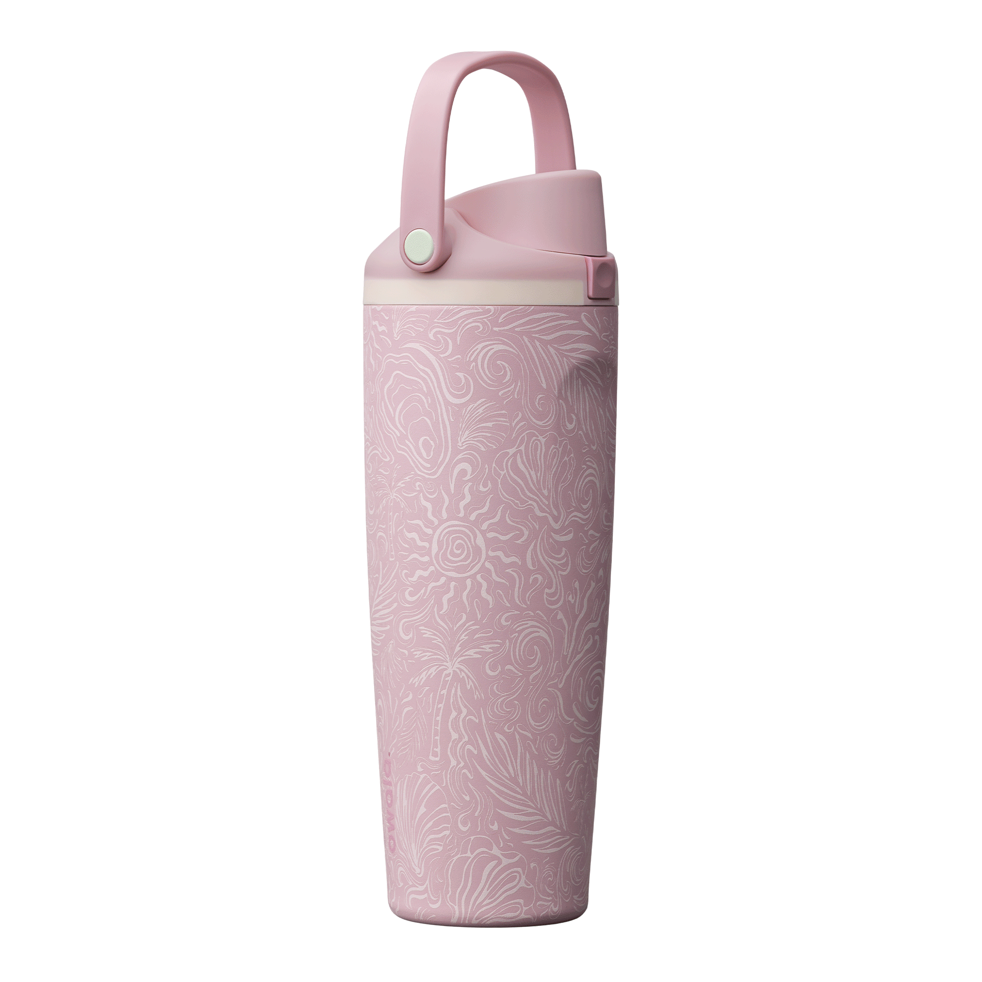 Owala Birthday Bash 40oz FreeSip Sway Coastal Bohemian; soft blush pink body with tone-on-tone subtle floral or bohemian texture, light pink flip cap and pink carry loop