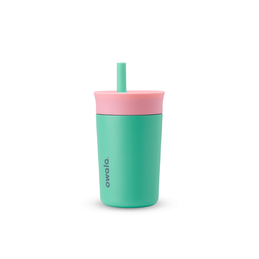 Kids' Tumbler 12oz in Reel Cool Fish; teal insulated tumbler with pink lid and matching teal straw, Owala logo on front