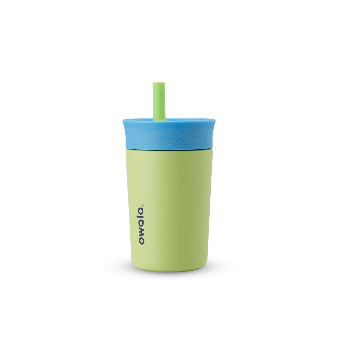 Kids' Tumbler 12oz in Turtley Awesome; lime green insulated tumbler with blue lid and matching green straw, Owala logo on front