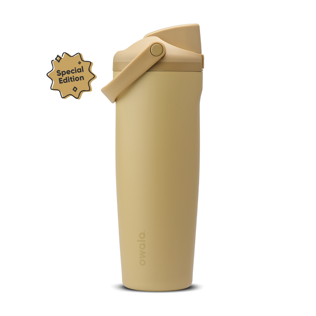 FreeSip Sway 30oz Autumn Vista; warm golden sand body with matching tan flip cap, tan carry loop, and tan lid