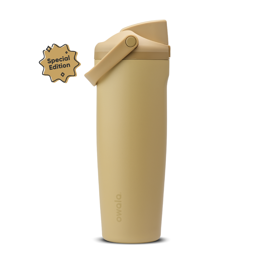 FreeSip Sway 30oz Autumn Vista; warm golden sand body with matching tan flip cap, tan carry loop, and tan lid