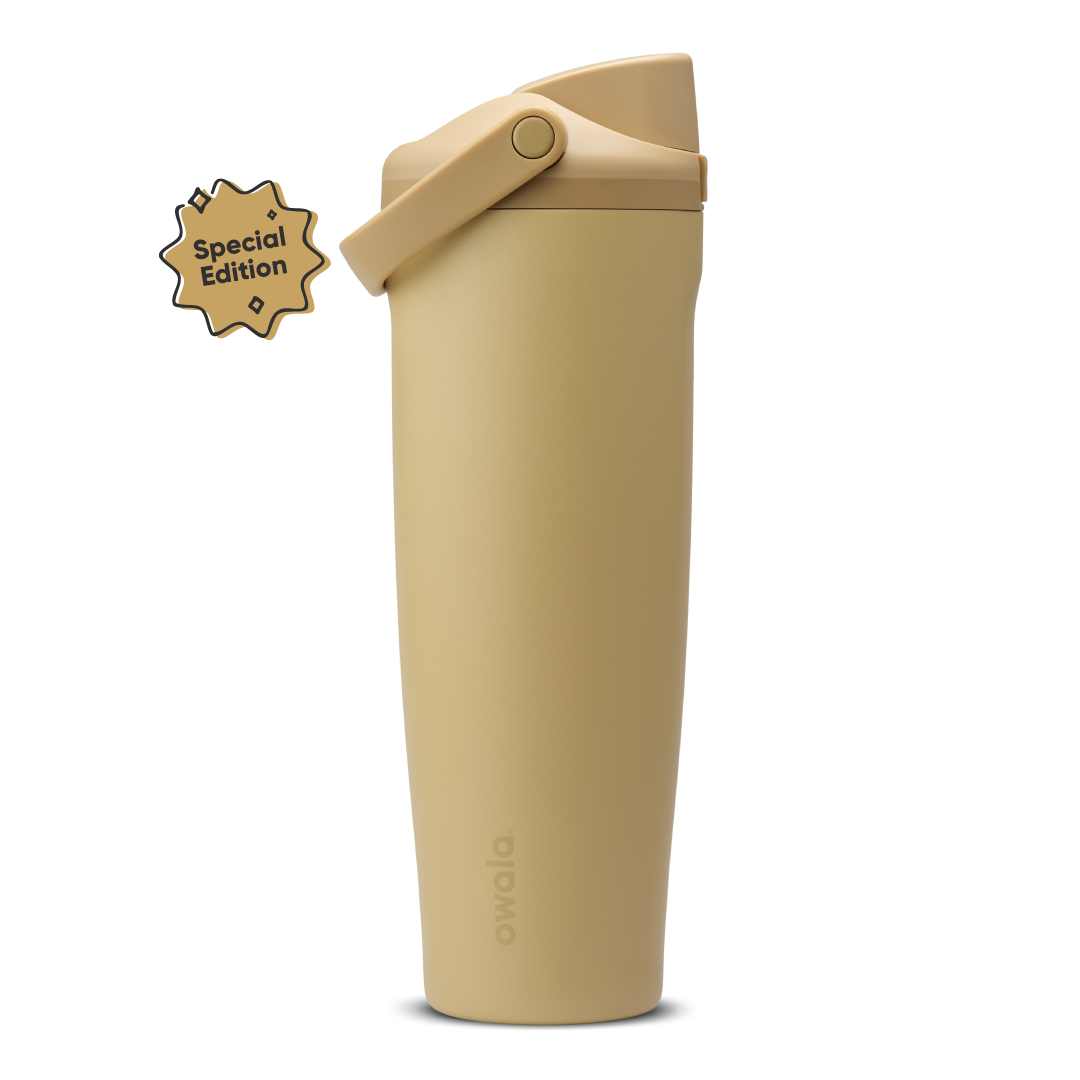 FreeSip Sway 40oz Autumn Vista; warm golden sand body with matching tan flip cap, tan carry loop, and tan lid