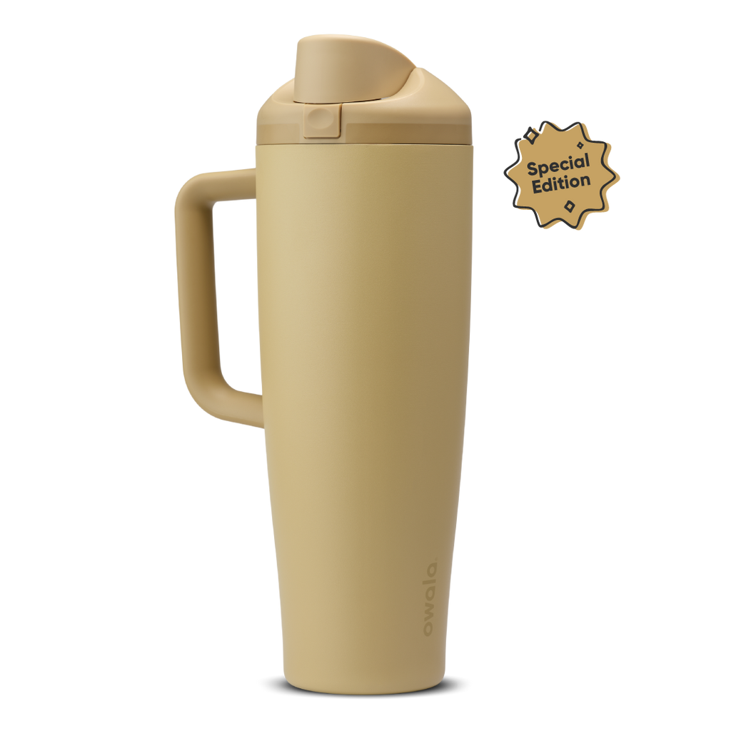 FreeSip Tumbler 40oz Autumn Vista; warm golden sand body with matching tan side handle, tan flip cap, and tan lid