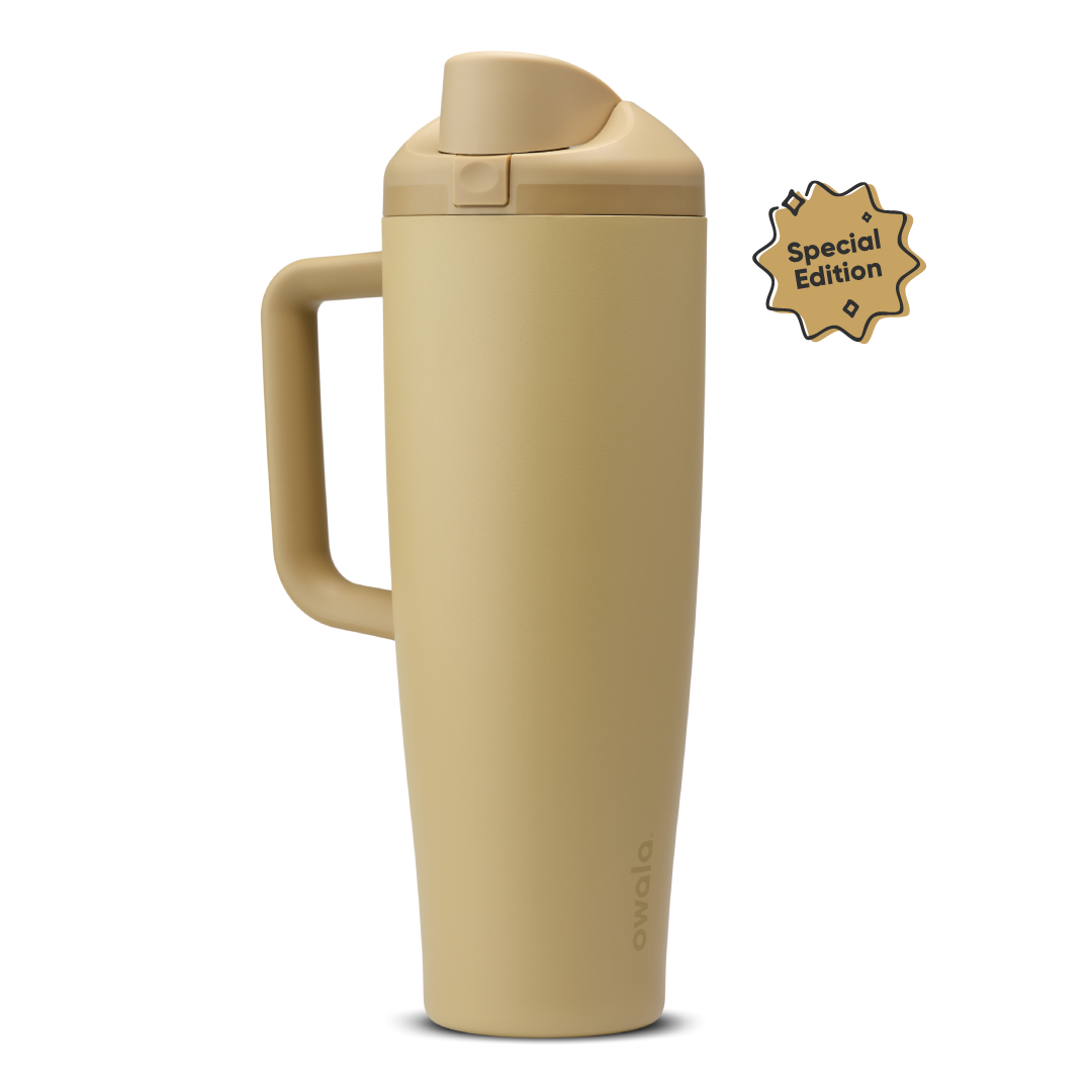 FreeSip Tumbler 40oz Autumn Vista; warm golden sand body with matching tan side handle, tan flip cap, and tan lid