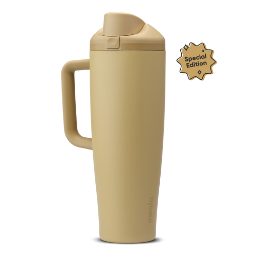 FreeSip Tumbler 40oz Autumn Vista; warm golden sand body with matching tan side handle, tan flip cap, and tan lid