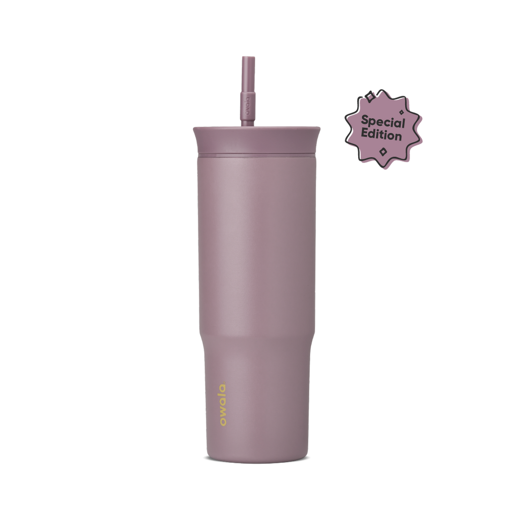 24oz Tumbler in Spring Revival; matte mauve-purple insulated tumbler with matching mauve lid and straw, golden yellow Owala wordmark on front