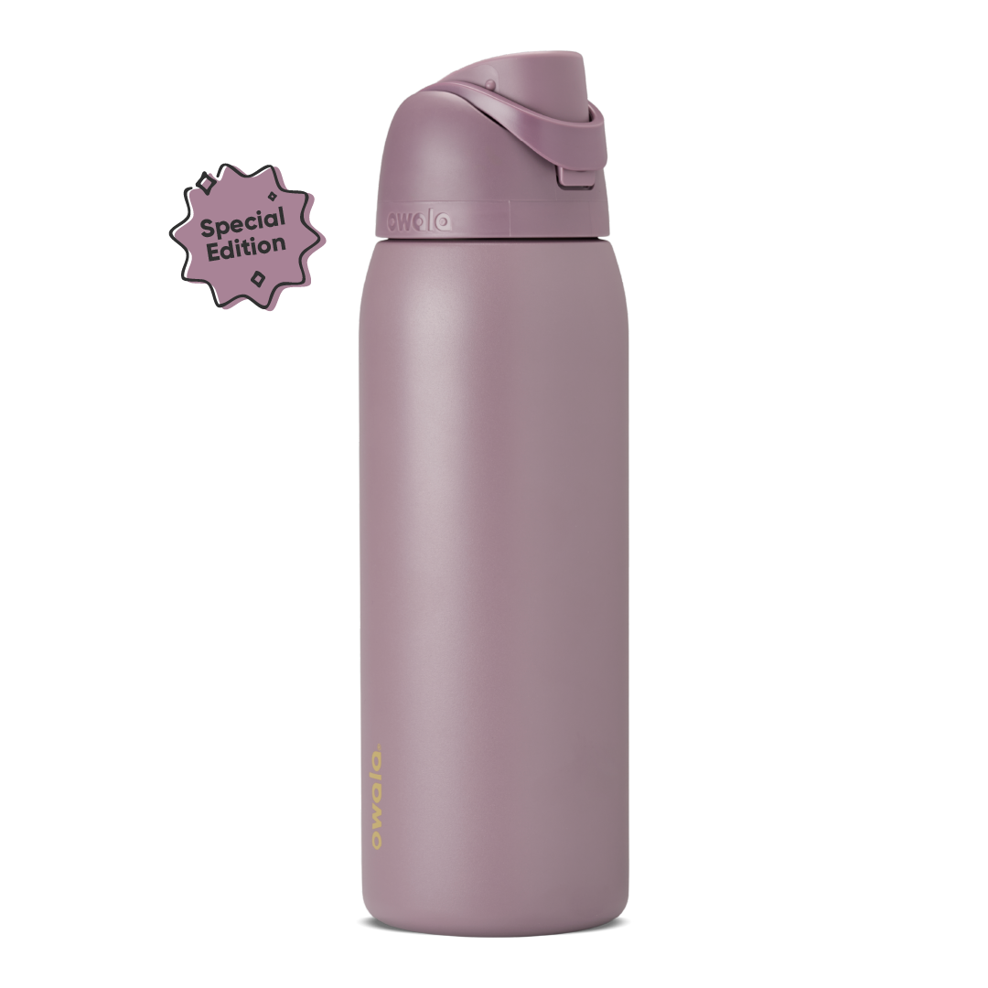 FreeSip 40oz in Spring Revival, dusty mauve-purple insulated bottle with matching flip cap and carry loop, gold Owala logo