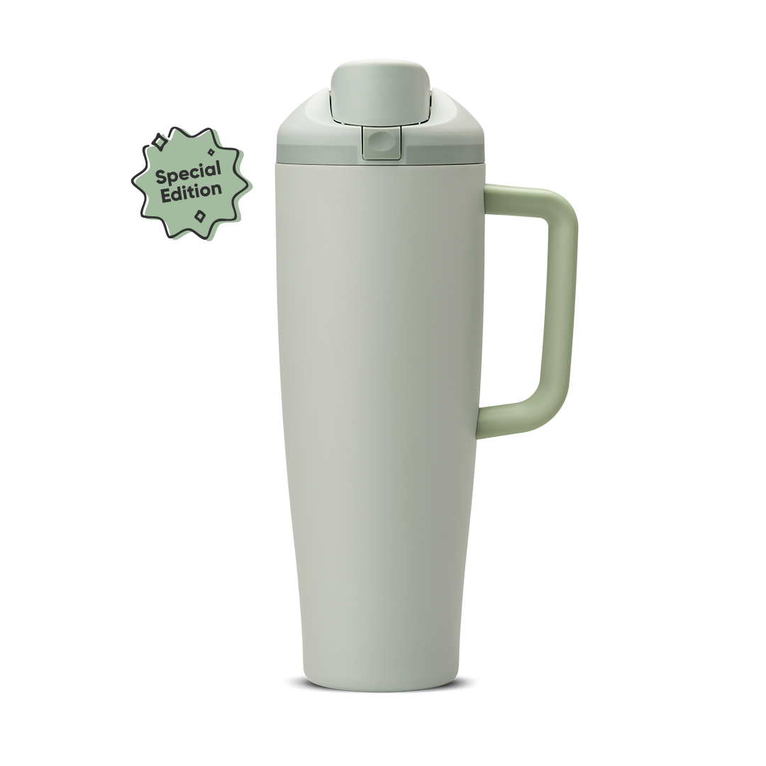 FreeSip Tumbler 40oz Summer Paradise; soft sage green body with matching sage flip cap, sage lid, and sage handle
