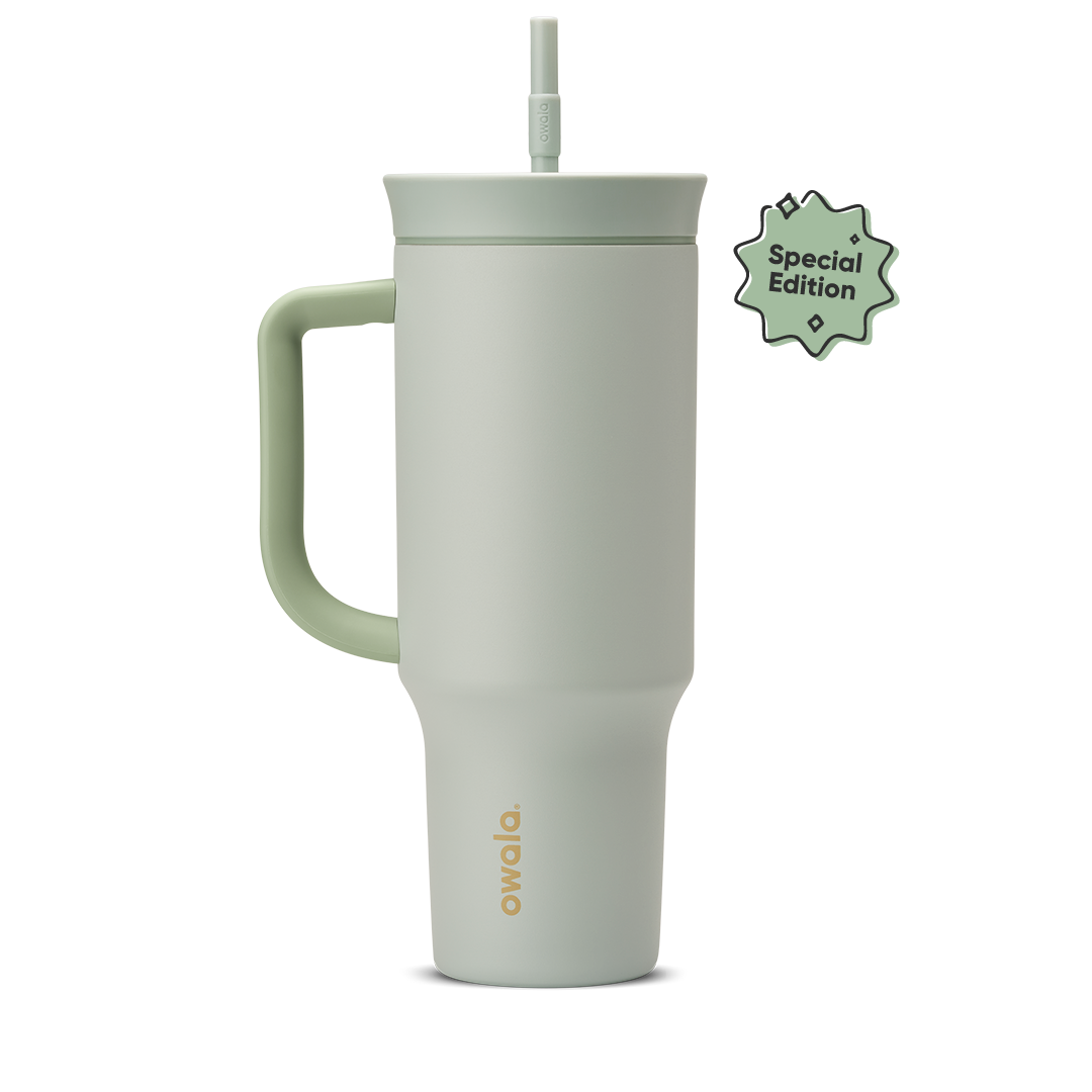 40oz Tumbler Summer Paradise; soft sage green tumbler with matching sage handle, sage lid, and sage straw