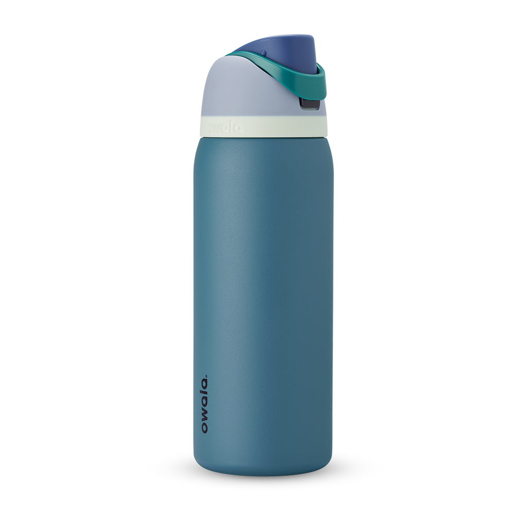 FreeSip 40oz in Denim, muted teal blue insulated bottle with dusty navy flip cap and pale cream accent band