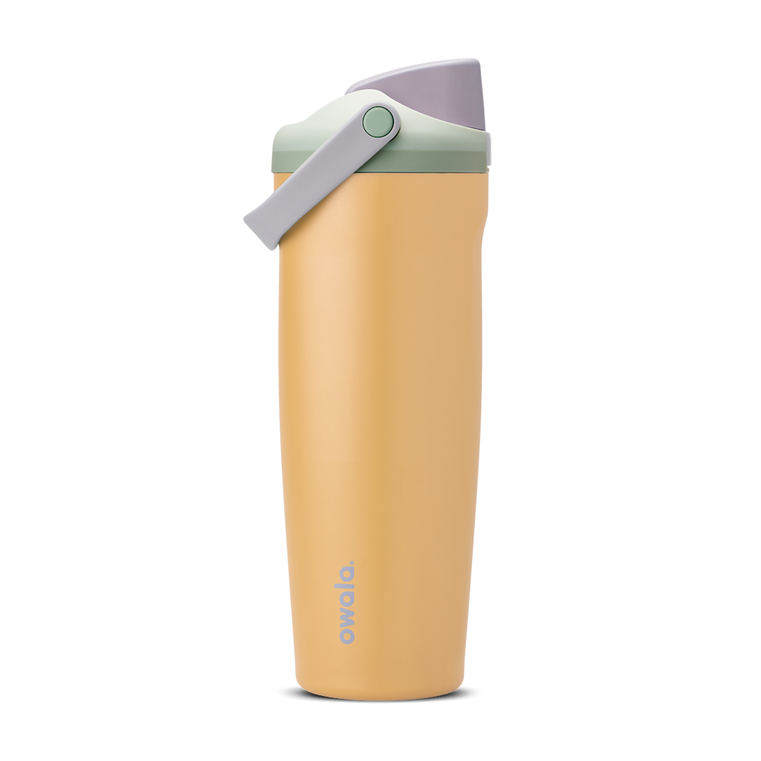 FreeSip Sway 30oz in Beachfront, golden yellow insulated water bottle with lavender flip cap, light grey carry loop, sage green lid accent ring and green push-button, lid open