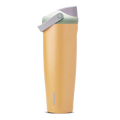 FreeSip Sway 40oz in Beachfront, golden yellow insulated water bottle with lavender flip cap, light grey carry loop, sage green lid accent ring and green push-button, lid open