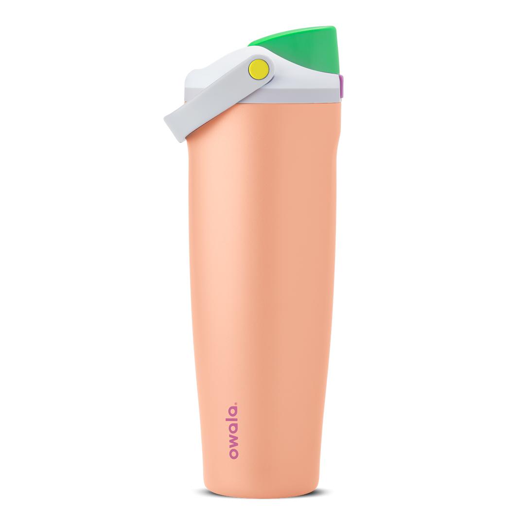 FreeSip Sway 40oz in Peachy Keen, peach orange insulated water bottle with bright green flip cap, white-grey carry loop, lavender lid accent ring and yellow push-button, lid open