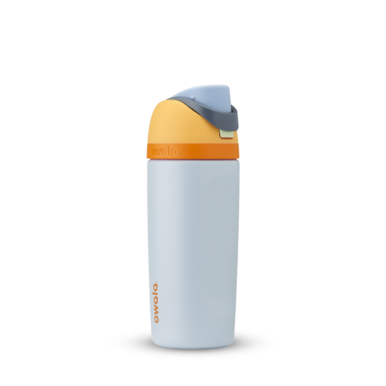 Kids FreeSip 16oz in Day Dreams, pale powder blue insulated bottle with bright orange accent band, mustard yellow lid, light blue flip cap, and gray carry loop