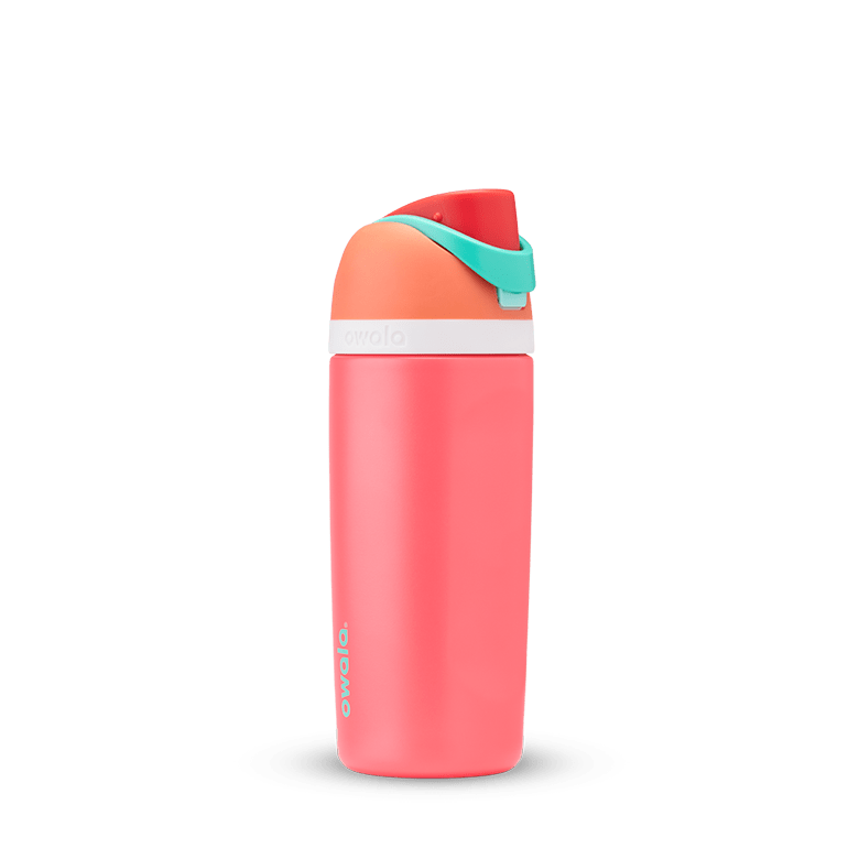 Kids FreeSip 16oz in Fireball, coral red insulated bottle with white accent band, peach orange lid, bright red flip cap, and mint green carry loop