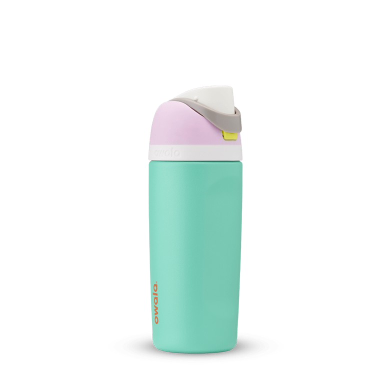 Owala Kids' FreeSip in Make Waves — bright mint green body with lavender pink and white lid accents, alternate angle