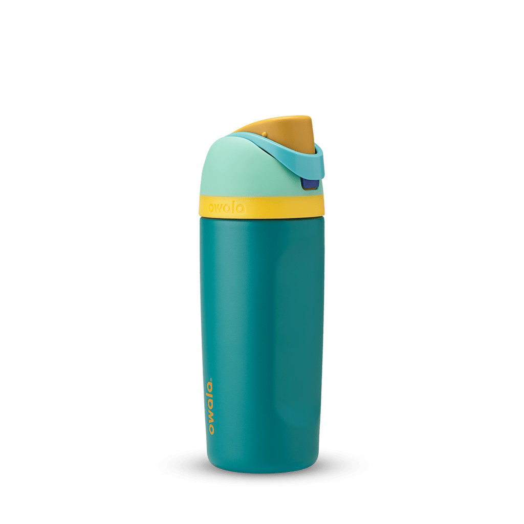 Kids FreeSip 16oz in Splishy Splashy, deep teal insulated bottle with mint green lid, yellow accent band, mustard yellow flip cap, and light blue carry loop