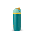 Kids FreeSip 16oz in Splishy Splashy, deep teal insulated bottle with mint green lid, yellow accent band, mustard yellow flip cap, and light blue carry loop