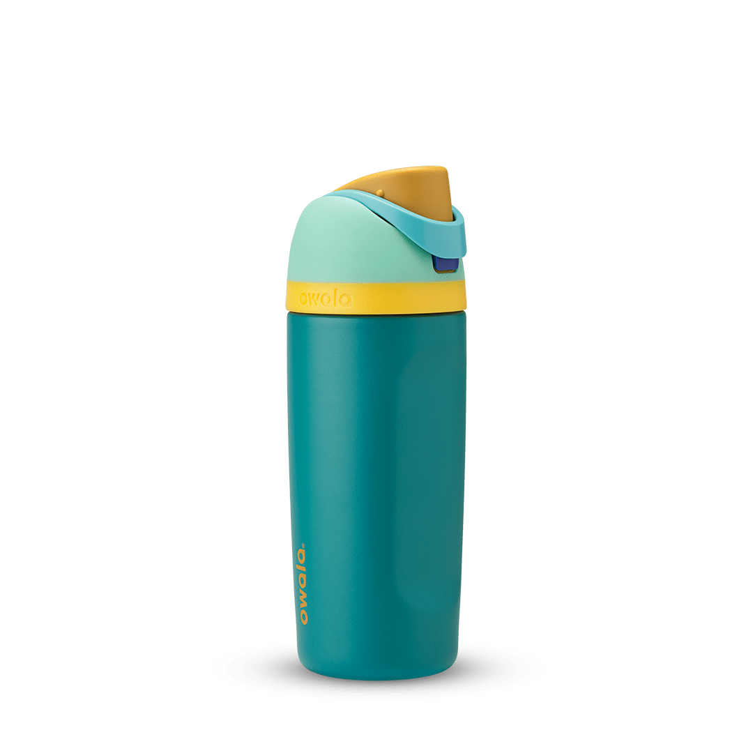 Kids FreeSip 16oz in Splishy Splashy, deep teal insulated bottle with mint green lid, yellow accent band, mustard yellow flip cap, and light blue carry loop
