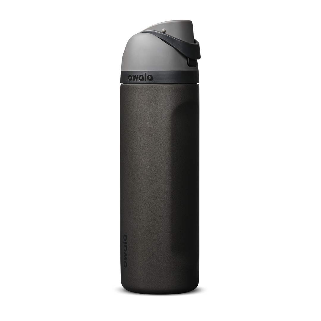 Owala FreeSip 24oz in Nailed It, deep charcoal black insulated bottle with matching dark gray flip cap and carry loop