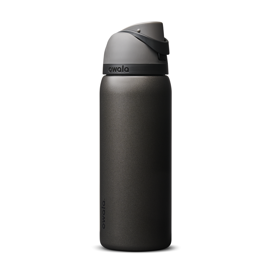 Owala FreeSip 32oz in Nailed It, deep charcoal black insulated bottle with matching dark gray flip cap and carry loop