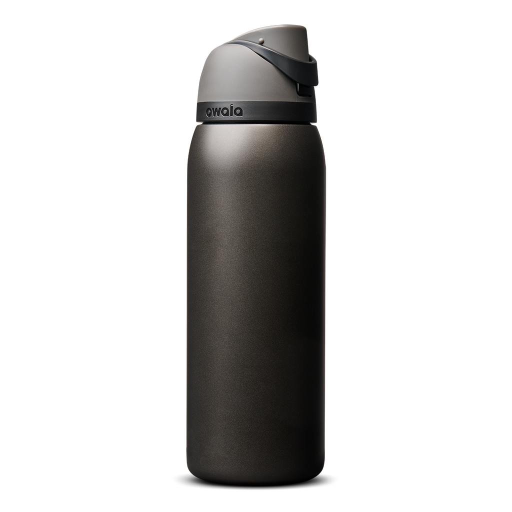 Owala FreeSip 40oz in Nailed It, deep charcoal black insulated bottle with matching dark gray flip cap and carry loop