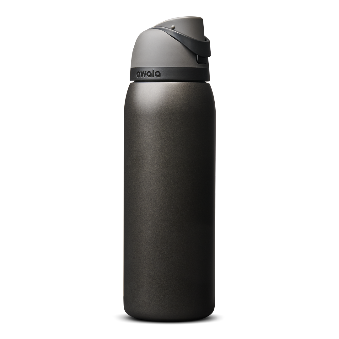 Owala FreeSip 40oz in Nailed It, deep charcoal black insulated bottle with matching dark gray flip cap and carry loop