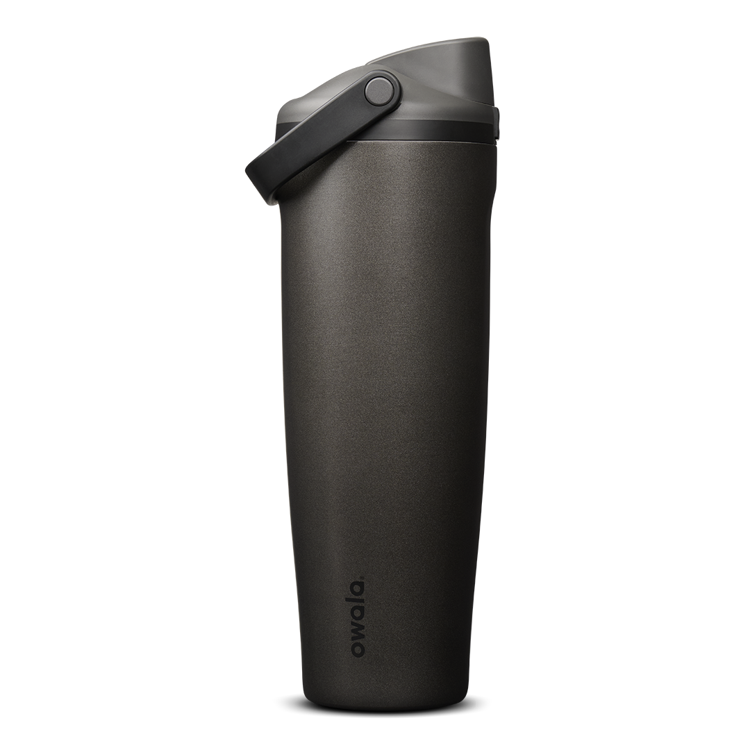 FreeSip Sway 40oz in Nailed It, deep charcoal black insulated water bottle with matching dark flip cap and carry loop