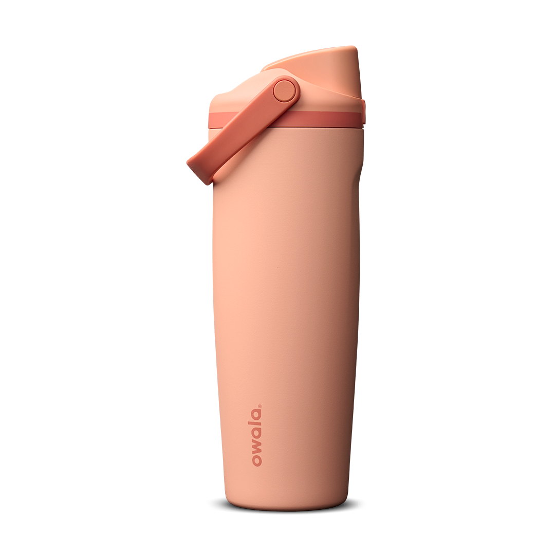 FreeSip Sway 30oz in Peach of Mind, soft peachy-salmon insulated water bottle with coral flip cap and carry loop