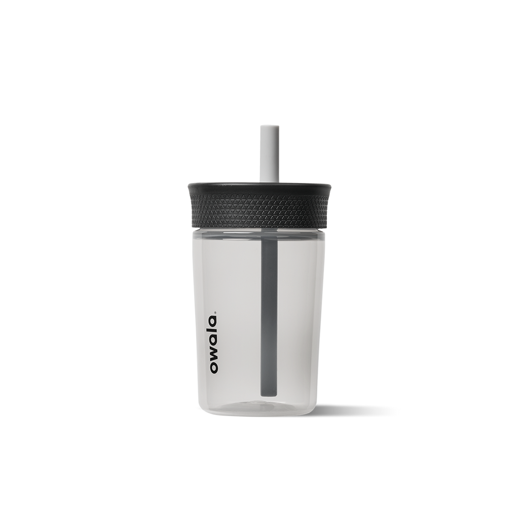 Kids Tumbler 15oz in Fin-Tastic Grey, clear transparent body with dark grey accent panel and dark grey lid with white straw