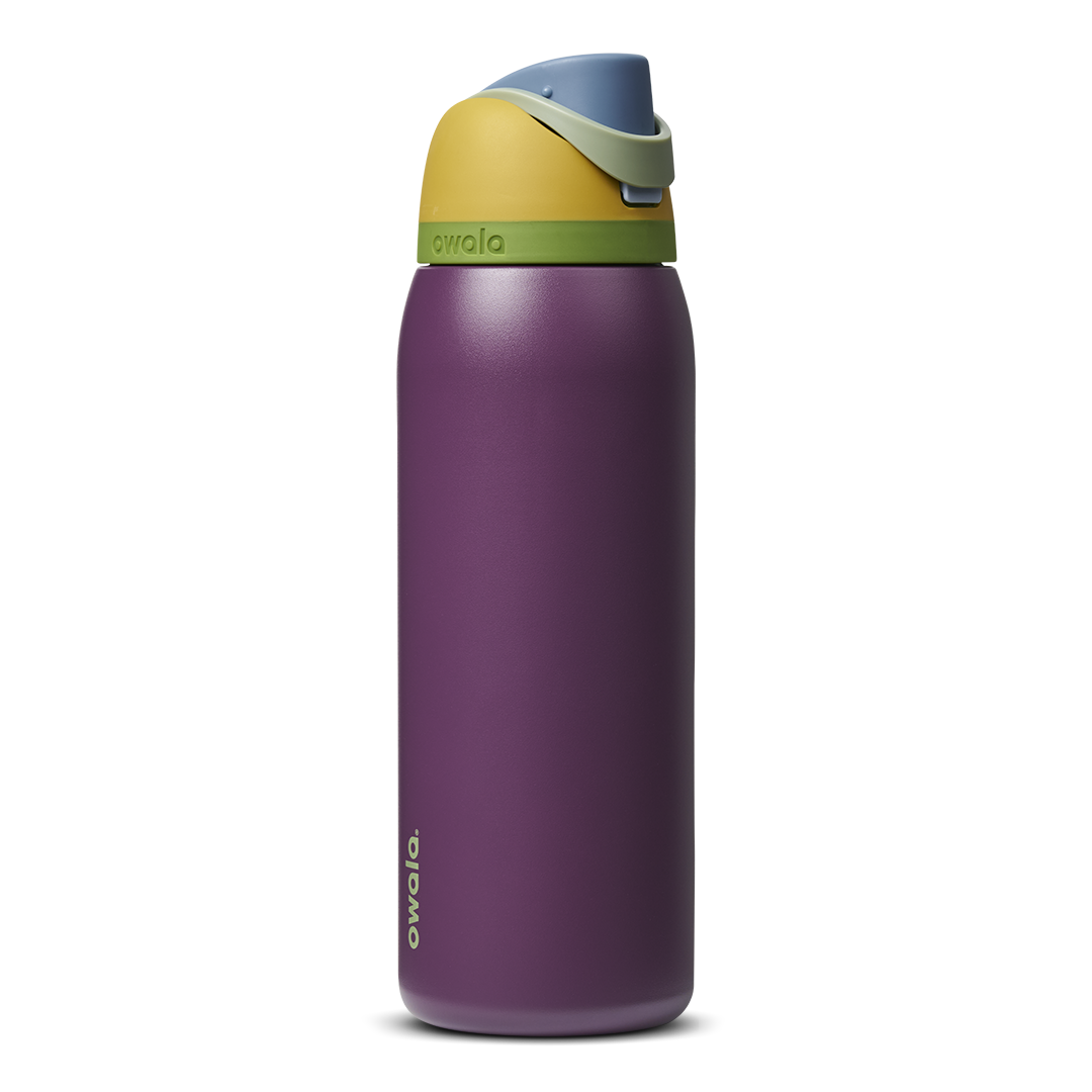 FreeSip 40oz in JazzFest, deep purple violet body with mustard yellow flip cap, blue and green accent details