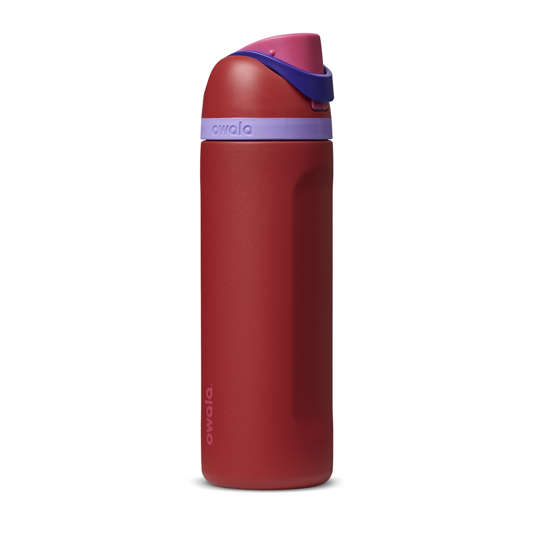 FreeSip 24oz in Raspberry, deep red raspberry body with dark lid and purple carry loop