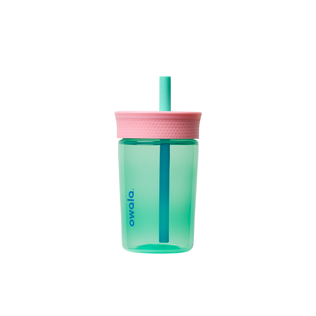 Kids Tumbler 15oz in Reel Cool Fish, mint teal transparent body with pink lid and mint straw