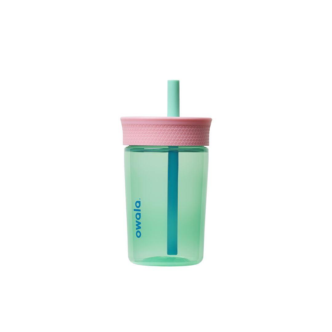 Kids Tumbler 15oz in Reel Cool Fish, mint teal transparent body with pink lid and mint straw