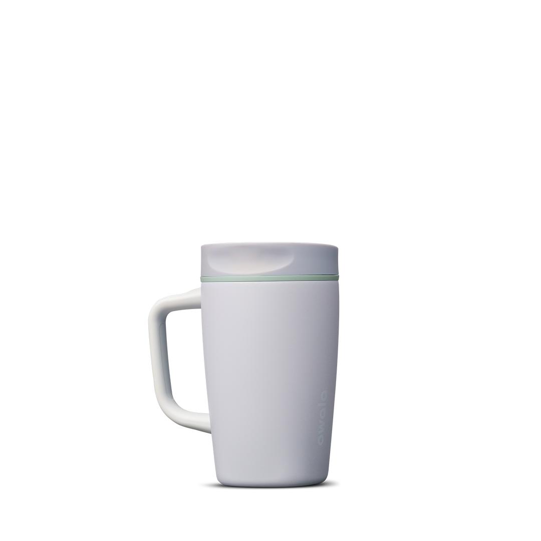 SmoothSip Slider with Handle 12oz in Open Air, pale lavender-grey insulated mug with matching slider lid, sage green accent ring, and white handle