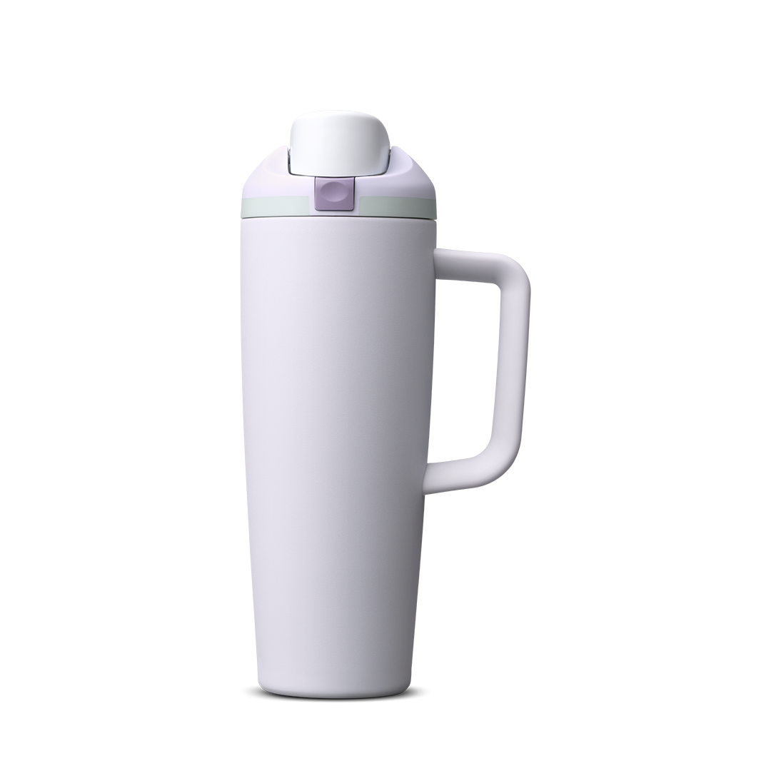 FreeSip Tumbler 30oz, pale lavender/light purple body with white lid and lavender handle