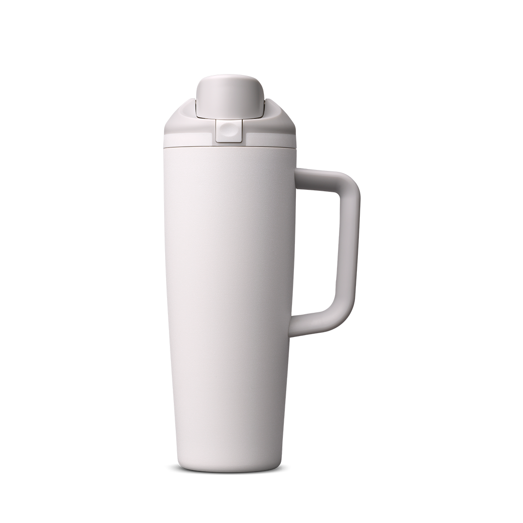FreeSip Tumbler 30oz, pale grey/white body with matching white lid and handle